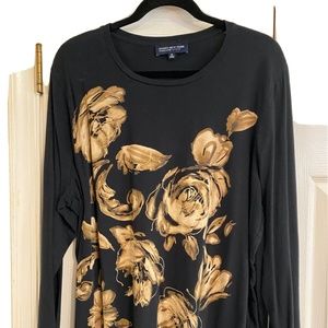Jones New York Signature Women's Long Sleeve Tan Floral Tee Black 2X